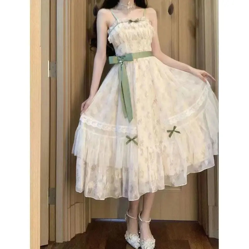 Hnewly  New Lolita Sweet Chiffon Long Sleeve Sun Protection Cardigan+ Y2k Sexy Slim Waist Bow Dress for Women Summer Two Piece Sets