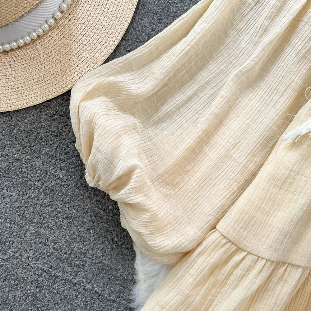 Hnewly  Tassel Patchwork V-neck Vacation Dress Sweet Lantern Sleeves Loose Mid Length A-line Dresses Elegant Embroidery Beach Vestido