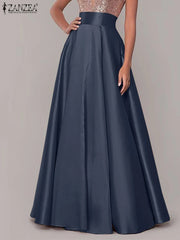 Hnewly Bohemian Women Satin Silk Long Skirts Cotton Solid Elegant Loose Sundress Femme Elastic Waist Oversized Casual Dresses