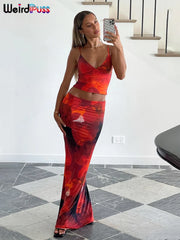 Hnewly  Tie-Dye Print 2 Piece Set Women Summer Y2K Fashion Hipster Elegant V-Neck Camisole+Maxi Skirts Matching Streetwear