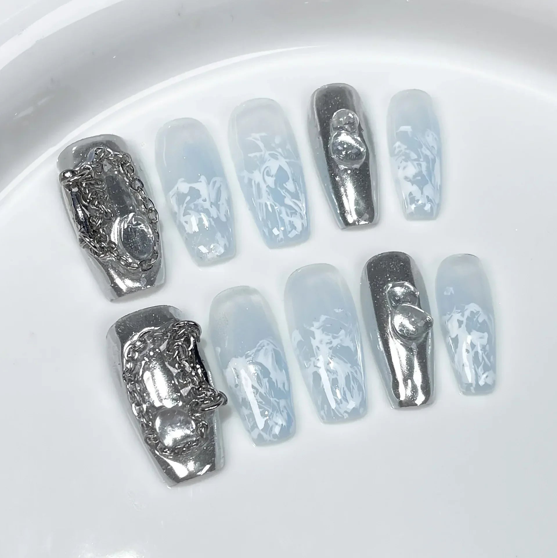 Hnewly 10Pcs Handmade Press on Nails Long Ballet Blue Fake Nails with 3D Ocean Moon Rhinestone Design False Nails Full Cover Nail Tips