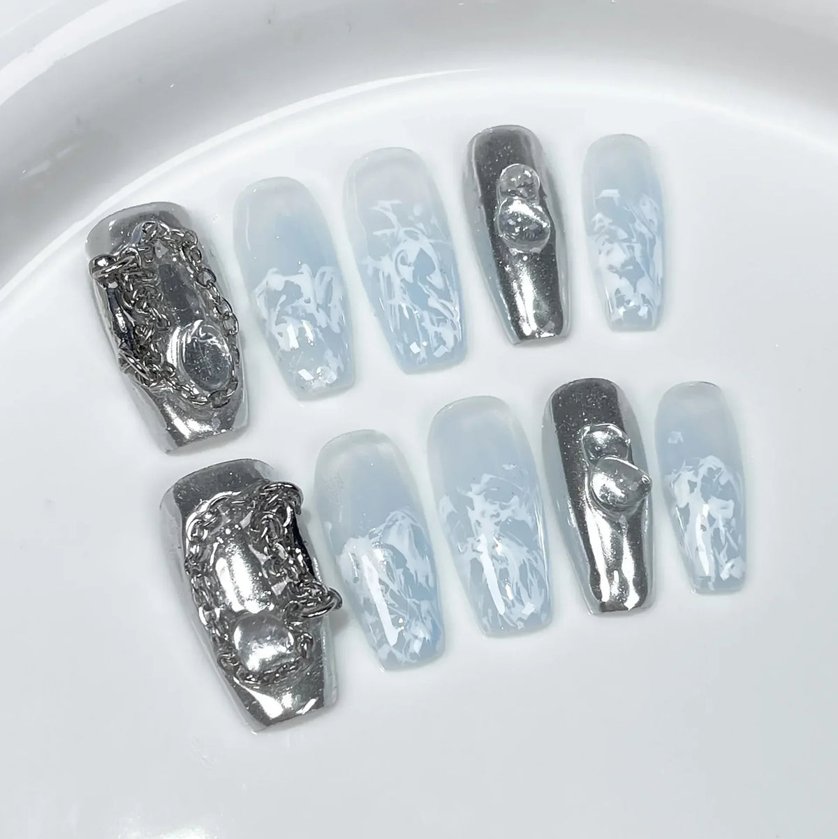 Hnewly 10Pcs Handmade Press on Nails Long Ballet Blue Fake Nails with 3D Ocean Moon Rhinestone Design False Nails Full Cover Nail Tips