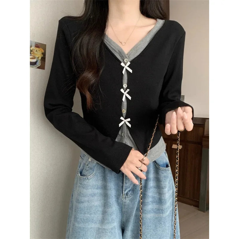 Hnewly  Bow Button Knit Top Fake Two-piece V-Neck Crop Long Sleeve T-Shirt for Women Teen-girl Autumn Winter Y2K 90s Outfit