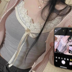 Hnewly Sweet Lace Stitched Crop Top Cute Bandage Bow Patchwork Sleeveless Strap Tops Women Casual y2k Summer Camis Ladies Basic