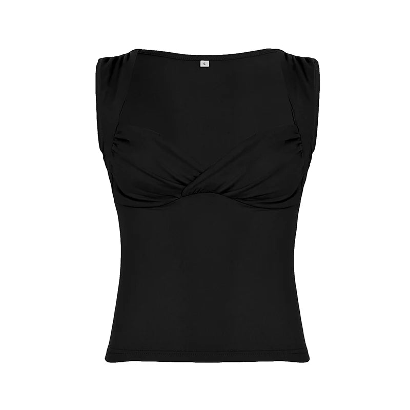 Hnewly Solid Black Folds Square Collar Tank Tops Women Casual Sleeveless Skinny Summer Tees y2k Aesthetic Vest Streetwear Basic