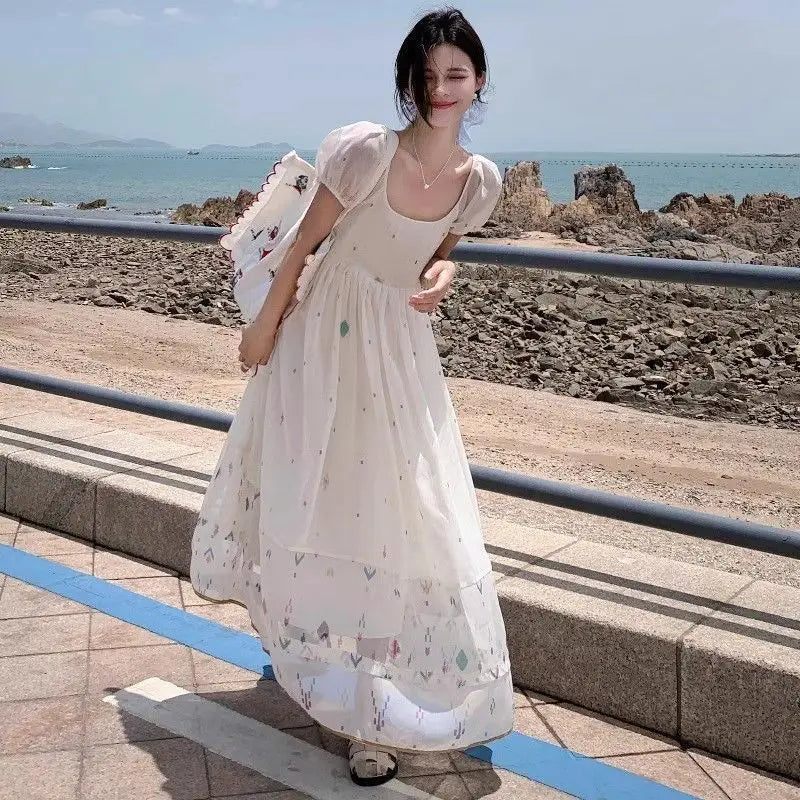 Hnewly  Women Dresses Elegant Square Collar Short Sleeve Summer Fashion Holiday Sweet Casual Female Dress French Style Chic