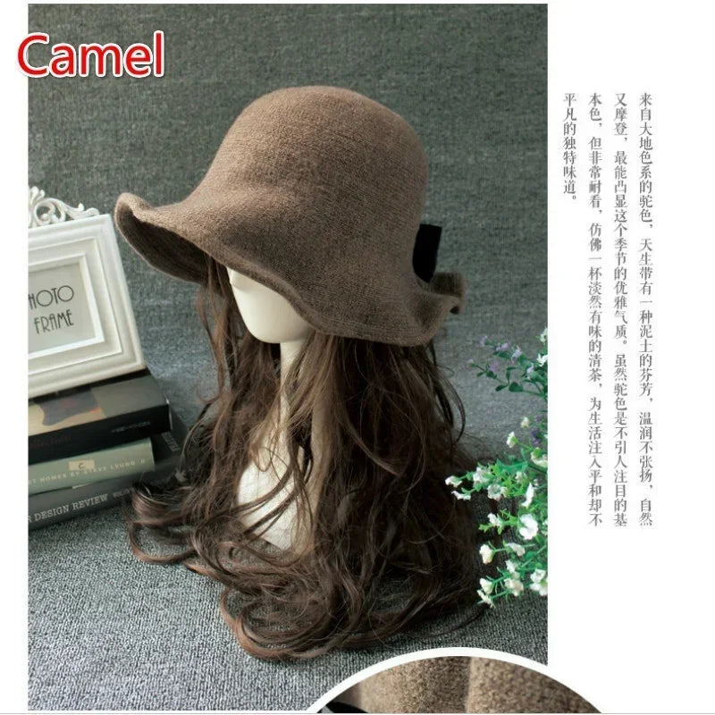 Hnewly Vintage Wool Bucket Hats Women Fashion Bows Basin Fisherman Hat Winter Black Coffee Dark Camel Hat Ladies Head Accessories