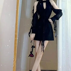 Hnewly  Black Sexy Chiffon Dress Women Elegant Ruffle Mesh Mini One-piece Dress Fairycore Sweet Luxury Bodycon Korean Style