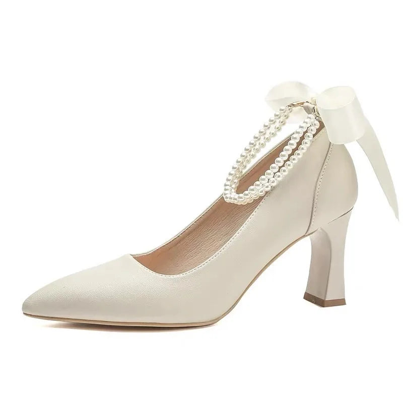 Hnewly Woman Footwear Beige Pearl Wedding Bride Shoe High Heels Pointed Toe Block Heel Shoes for Women Non Slip Fashion Chic High Heels