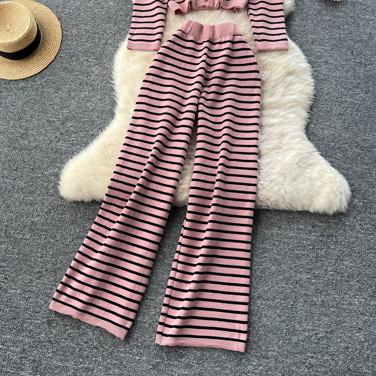 Hnewly  Elegant Knitted Set for Women's High End Versatile Round Neck Striped Knitted Cardigan+High Waist Casual Wide Leg Pants 2PCS