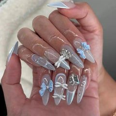 Hnewly 24Pcs Almond False Nails Cute Strawberries with French Design Simple White Wearable Fake Nails Decoration Press on Nail Tips Art