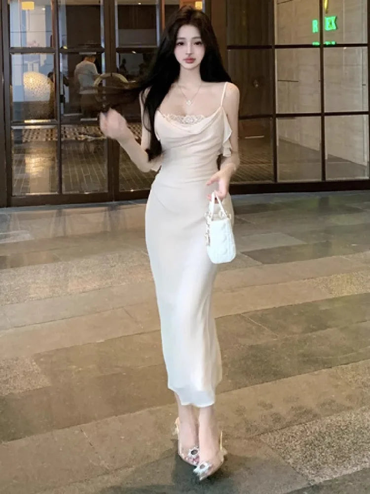 Hnewly  Woman Dress Sleeveless Lace Patchwork Slim Backless Sweet Elegant Temperament Party Dresses Sexy Ladies Fashion