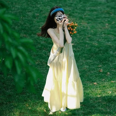 Hnewly  Gentle Style Mori Style Yellow Sling Dress Women's Summer New Elegant Tight Waist Slimming Long Dress