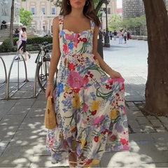 Hnewly  Summer Pullover Women's Clothing Prairie Chic Sleeveless Camisole Plant&Flowers Printed All-match Knee Skirts Stylish Dresses
