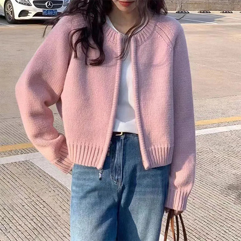 Hnewly Sweater y2k Clothes Women Soft Warm Solid Color Round Neck Zip Up Long Sleeve Knitted Tops 2000s Clothing Streetwear