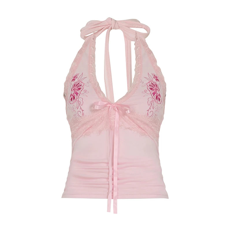 Hnewly Pink Floral Embroidery Halter Tank Top Cute Coquette Lace Stitching Bow V-neck Crop Top Women Casual Tees Summer Vest y2k