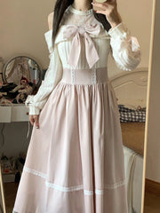Hnewly  Sweet Butterfly Knot Lace Waist Long Dress Women's Style Pink Color Autumn Fashion Gentle Breeze Off-Shoulder Gown High Waist...