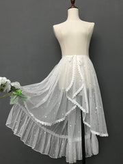 Hnewly  Asymmetric Dovetail Skirt Lolita Extend Skirt Cover Shiny Sequin Perspective Mesh High Waist Ruffles Fairy Skirt
