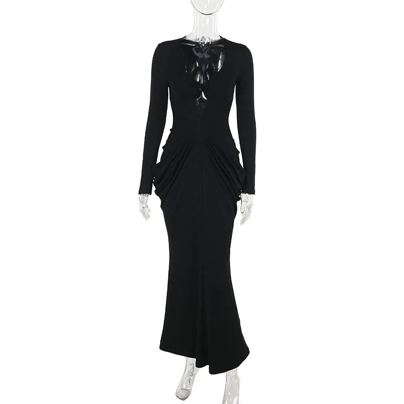 Hnewly  Elegant Lace Splicing Mermaid Dress Women Autumn V-neck Long Flare Sleeve Slim Bodycon Vestidos Vintage Chic Evening Party Robe