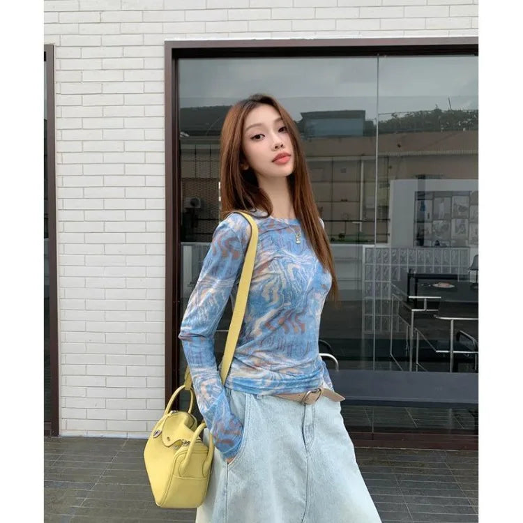 Hnewly  Vintage Tie Dye Printed O-neck Slim Fit Tee Shirt Y2k Thin Mesh Long Sleeved T-shirts Summer New Chic Top for Women