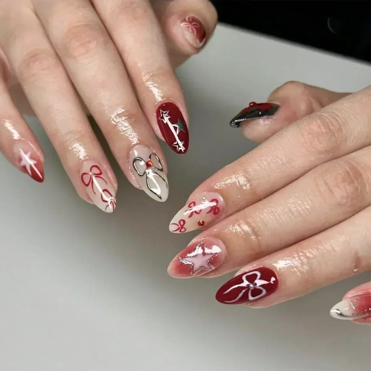 Hnewly 24Pcs Almond False Nails Cute Strawberries with French Design Simple White Wearable Fake Nails Decoration Press on Nail Tips Art