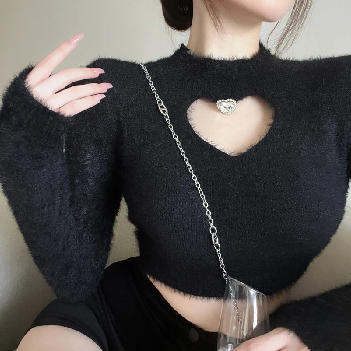Hnewly 2025 spring fashion trend Autumn Winter New Sweater Women's O Neck Diamond-Studded Hollow Love Long Sleeve Slim Short Crop Top