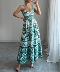Hnewly  Women's Elegant and Minimalist Sleeveless Maxi Dress, Floral Baroque Print with V - Neck and Tiered Skirt