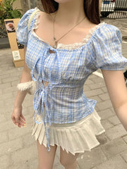 Hnewly  Blouse Women Sweet Elegant Plaid Lace Patchwork Bandage Puff Short Sleeve Crop Tops Square Collar Female Casual Shirts