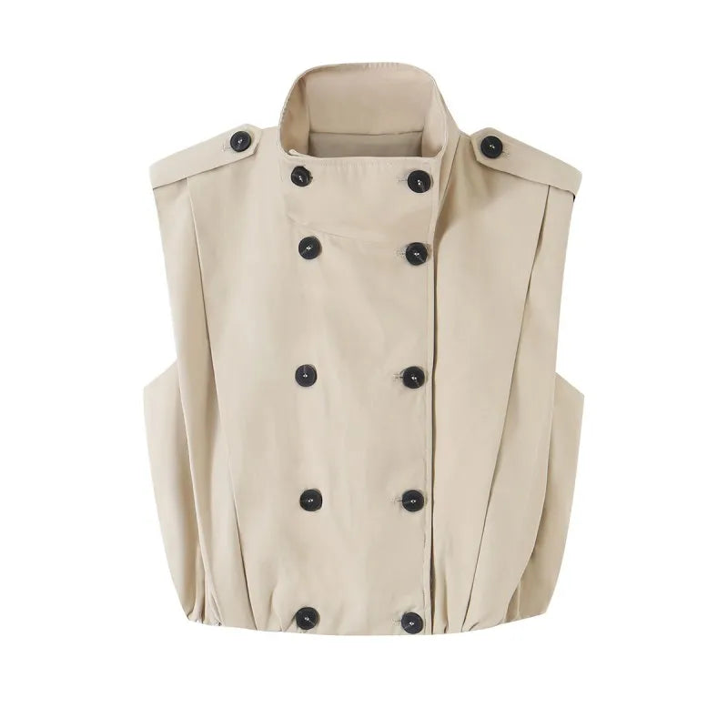 Hnewly  Women's Double Breasted Vest, Stand Collar Sleeveless Waistcoat with Shoulder Epaulettes and Pleated Hem