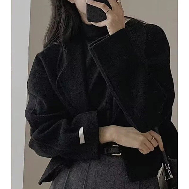Hnewly  Reversible Tweed Jacket Women Fall Elegant Solid Cropped Tops Cardigan Turn Down Collar Vintage Classic Office Lady Outwear