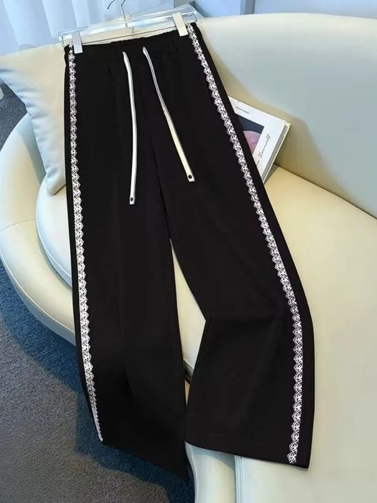 Hnewly  Women Lace Trim Wide Leg Pants Elastic Waist Casual Straight Sweatpants Spring Summer Loose Trousers
