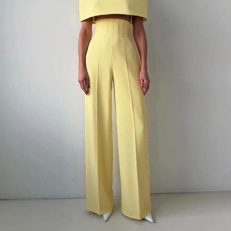 Hnewly  Solid Yellow Pant 2 Pieces Set Women's Stand Collar Cloak Tops Lapel Blazer High-waist Long Pants New Ladies Office Outfit
