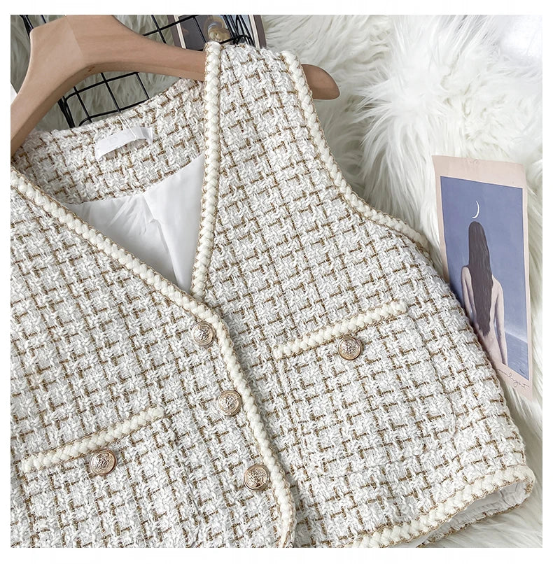 Hnewly  Women New Autumn Tweed Elegant Vintag Vest V-neck Sleeveless Slim Pockets Waistcoat Ladies Fashion Womens Short Small Vest