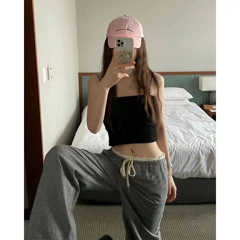Hnewly Vintage Plaid Women Pants Y2k Oversized High Waist Drawstring Sweatpants Baggy Casual Trousers Korean Fashion Harajuku