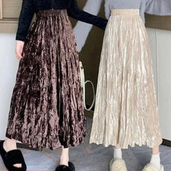Hnewly  Luxury Solid Velvet Skirts Woman Summer Autumn Korean A-Line Folds Long Skirts for Women Temperament High Waisted Women's Skirts