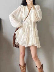 Hnewly  Sweet White Chiffon Long Sleeve V-Neck Waisted Dress  vestido de noiva princesa luxo robe blanche Wedding Prom Dress