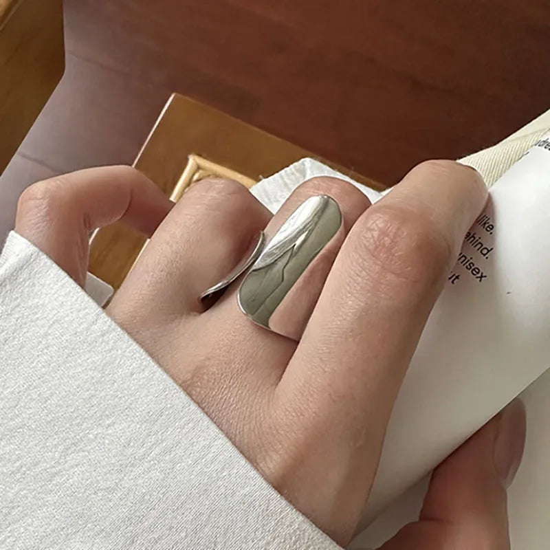 Hnewly Minimalist Silver Color Cuff Rings for Women Couples New Fashion Creative Smooth Pattern Geometric Party Jewelry Gifts