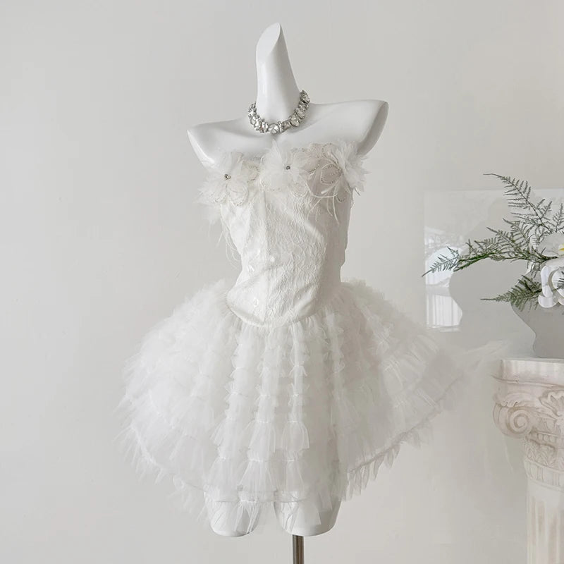 Hnewly  3D Flower Pleated Pink Dress Womens Strapless Mini Dress Sexy Lace Sleeveless Ruffle Tiered Summer Party Club Tube Dresses