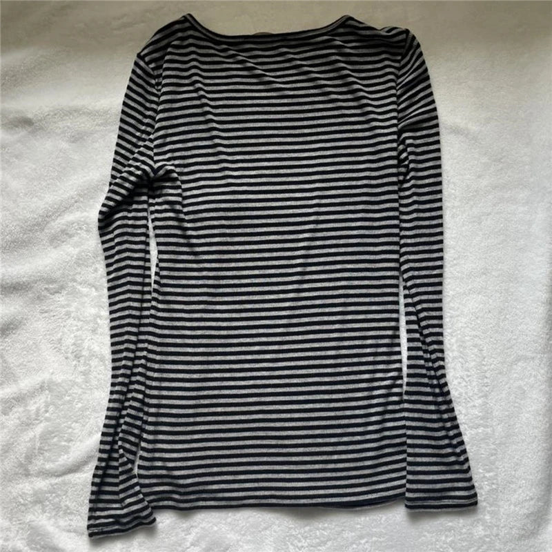 Hnewly FALL OUTFIT Vintage Aesthetic Striped Top Grunge Fairycore Casual Long Sleeve T Shirt y2k Women Clothes 2000s Tee Autumn Streetwear