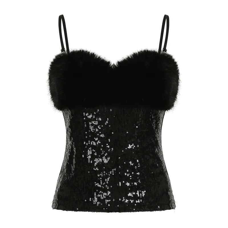 Hnewly club outfits Y2k Baddie Sequin Spliced Faux Collar Women’s Tanks Sleeveless Solid Slim Fit Fashion Sexy Gyaru Camisole