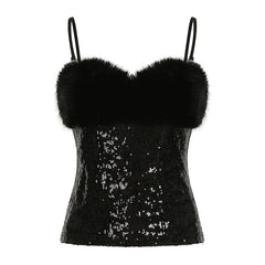 Hnewly club outfits Y2k Baddie Sequin Spliced Faux Collar Women’s Tanks Sleeveless Solid Slim Fit Fashion Sexy Gyaru Camisole