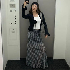Hnewly  Vintage Plaid Skirt Women Korean Style Y2k Mesh Long Skirts Elegant Sweet Harajuku Retro Fashion Skirts Streetwear