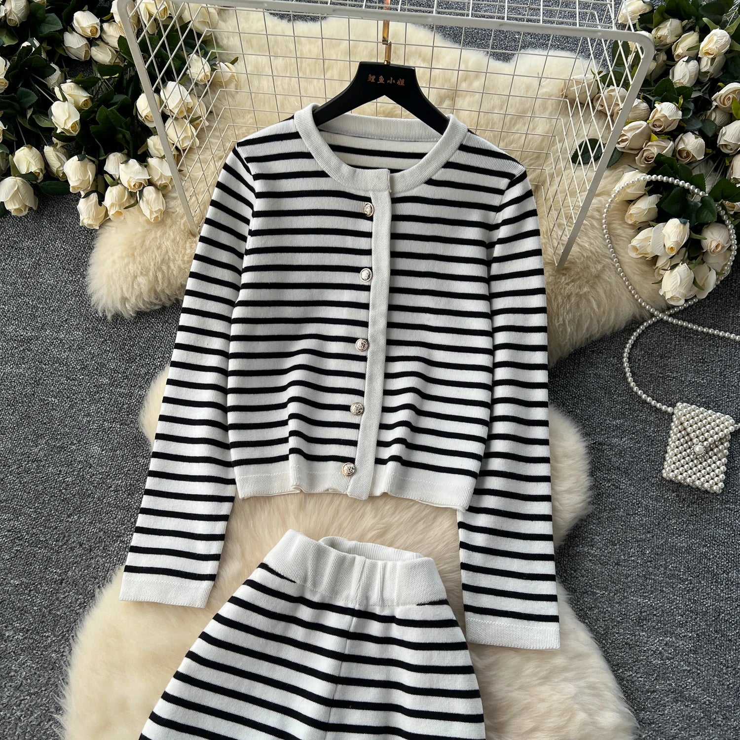 Hnewly  Elegant Knitted Set for Women's High End Versatile Round Neck Striped Knitted Cardigan+High Waist Casual Wide Leg Pants 2PCS