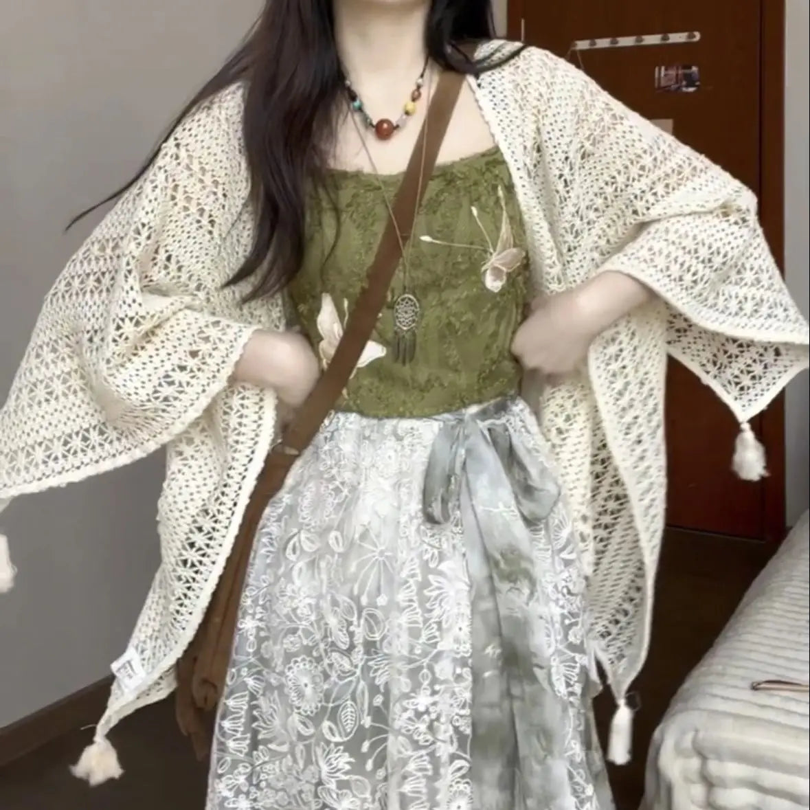 Hnewly Lace Shawl Cardigan Bohemian Tassel Hollowed Out Loose Apricot Top For Women's Summer Vacation Style Sun Protection Cover