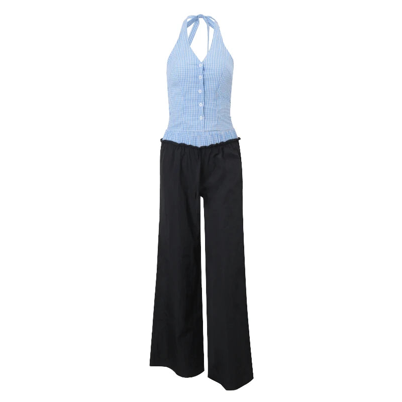 Hnewly Fashion Trend 2 Piece Set Retro Lattice Slim Halter Camis Tank Tops Women's Casual Loose Pants Street Commute Y2K Suit