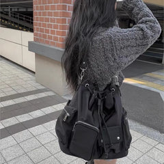 Hnewly  Korean Drawstring Black Tote Bag Women Multifunctional Large Capacity Y2k Mochilas Mujer Ladies Commuter Hot Girl Shoulder Bags