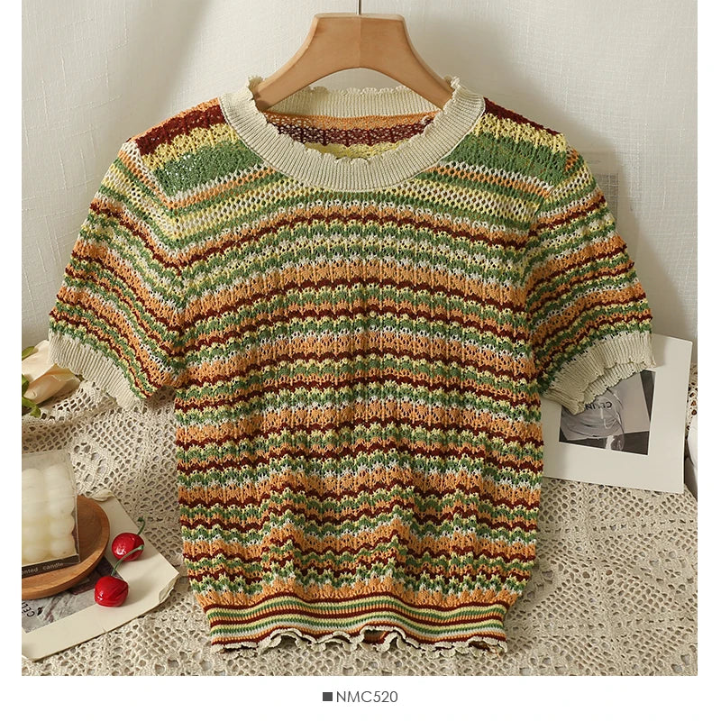 Hnewly Colorful Striped Knitted T Shirt For Women Spring Summer Hollow Out Sexy Streetwear Tops Korean O-Neck Short Pullover Blouses