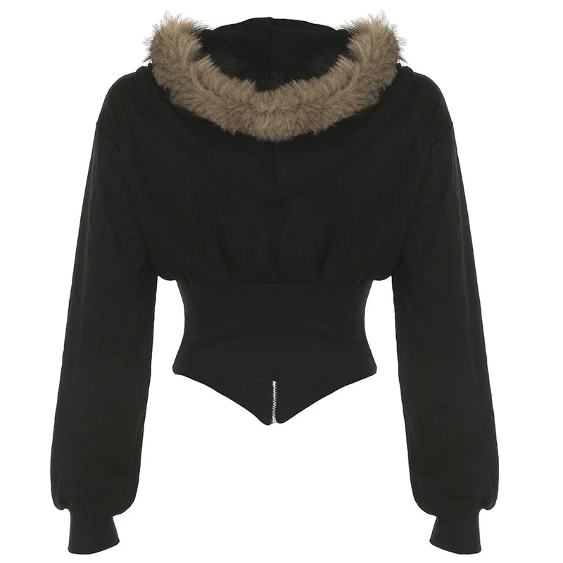 Hnewly y2k Jacket Women Punk Gothic Clothes Solid Color Fur Collar Zip Up Long Sleeve Coat 2000s Grunge Clothing Streetwear