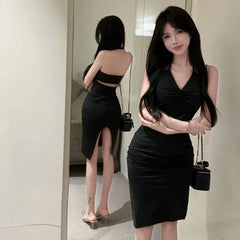 Hnewly  Woman Elegant Dresses Slim Split V Neck Summer Fashion Sexy Backless Halter Solid Party Dress Female Casual Temperament