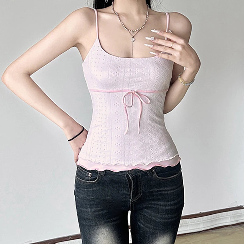 Hnewly Sweet Contrast Pink Camisole Cute Coquette Lace-up Bow Patchwork Cropped Top Summer Casual y2k Skinny Tee Fairycore Women